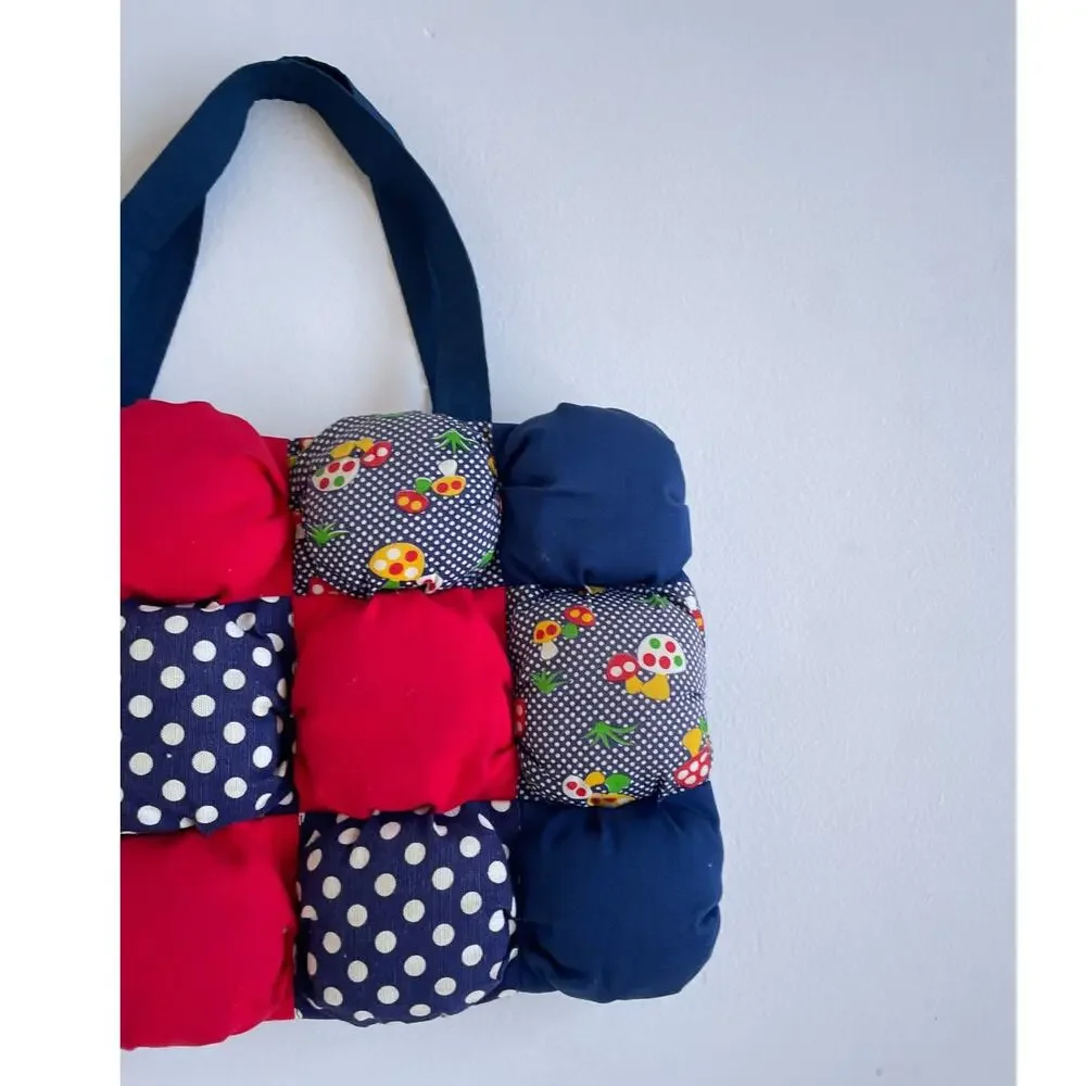 Vtg 70s Patchwork Cottagecore Bubble Bag Purse / Mushroom Polkadot Floral Unique